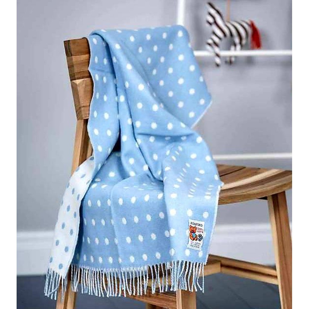 Baby Blue and White Spot 100 Lambswool Foxford Baby Blanket Nook Cranny