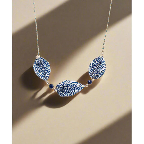 Handmade Origami Leaf Shaped Necklace - Blue & White-Nook & Cranny Gift Store-2019 National Gift Store Of The Year-Ireland-Gift Shop