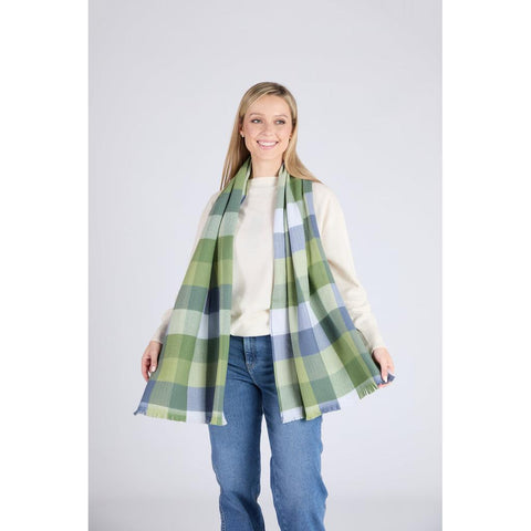 Giant Merino Foxford Scarf - Green & Blue Small Block Check