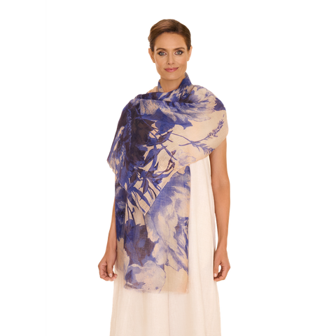 China Blue Blooms Linen/Cotton Print Scarf-Nook & Cranny Gift Store-2019 National Gift Store Of The Year-Ireland-Gift Shop