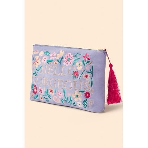 Velvet Zip Pouch - ' Hello Gorgeous' (Denim)-Nook & Cranny Gift Store-2019 National Gift Store Of The Year-Ireland-Gift Shop